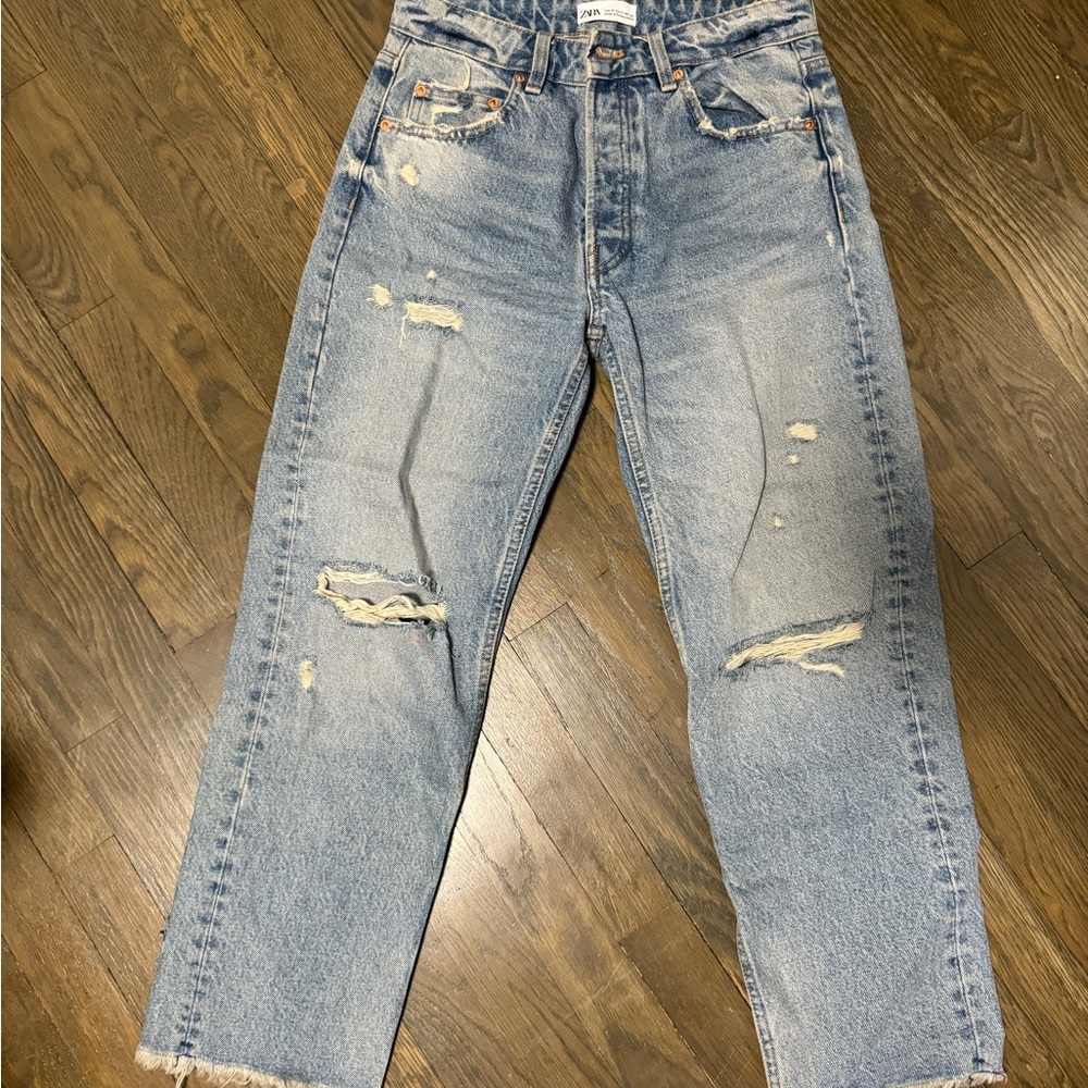 Zara Distressed Denim with Button Fly, Mid to High Rise - USA 4.